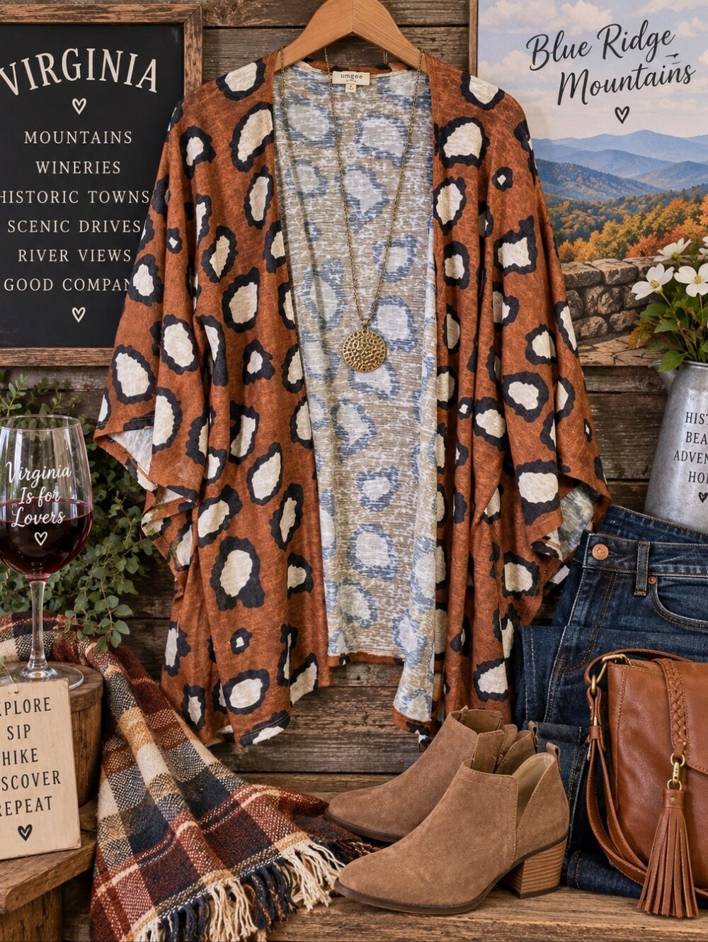 Umgee USA Leopard Print Kimono Cardigan M/L Rust Brown Boho Open Front